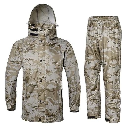 MeiLayM uomo da camouflage pioggia impermeabile antivento con cappuccio set di giacca e pantaloni da pioggia lavoro giacca da pesca abbigliamento escursioni a piedi campeggio nella giungla giacca