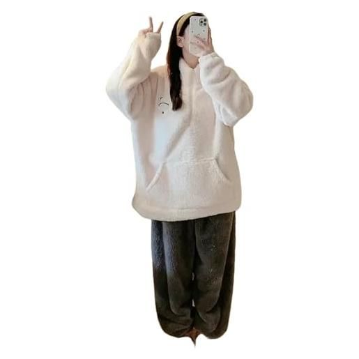 RINDE pigiama in pile fuzzy piajamas in velluto a corallo caldo invernale impostato top a maniche lunghe pantaloni lunghi in pigiama set da donna caldi abiti da casa delle donne-beige-6xl (125-150kg)