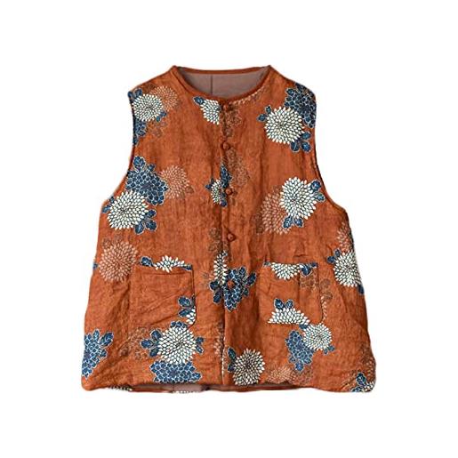 NFYM gilet da donna sottile trapuntato leggero in cotone e lino stampato primavera vintage imbottito outwear, arancione, taglia unica