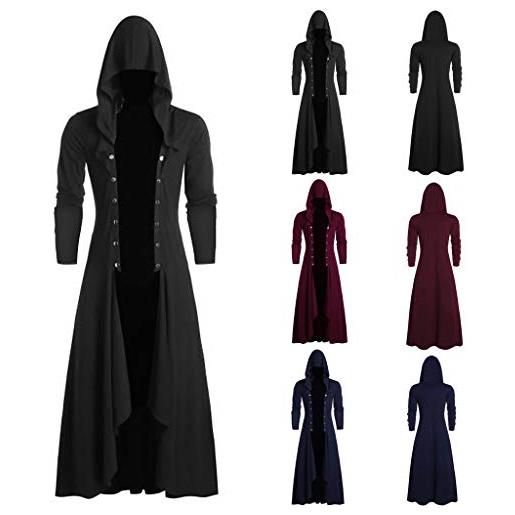 FSFA - cappotto gotico da uomo, lungo, stile steampunk, con cappuccio, caldo, autunno/inverno, per feste di halloween, a nero. , xxl
