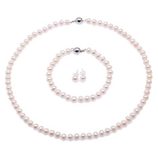 JYX Pearl jyx, set di collana, bracciale e orecchini a perno con perle bianche d'acqua dolce da 5-6 mm, con chiusura magnetica