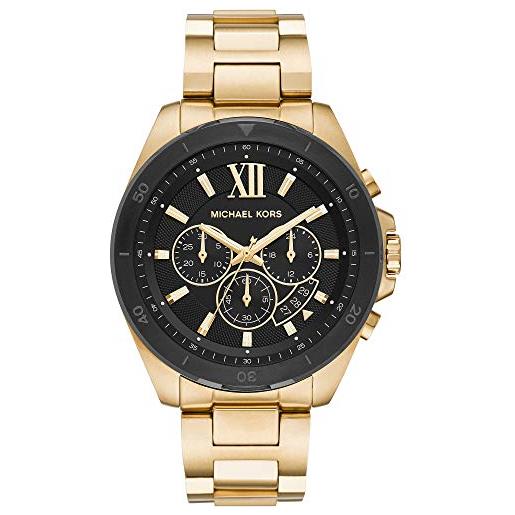 Michael Kors orologio brecken da uomo, movimento cronografo, cassa in acciaio inossidabile dorata da 45 mm con bracciale in acciaio inossidabile, mk8848, nero e oro