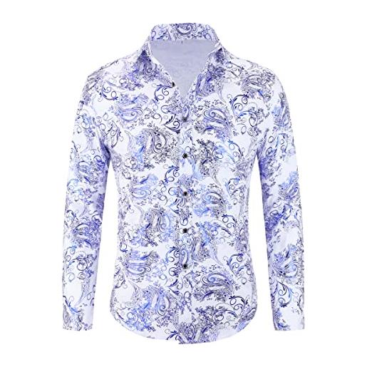 Allthemen camicia da uomo in jacquard camicia a maniche lunghe paisley regular fit camicia casual argento xs