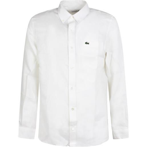 LACOSTE camicia bianca in lino con mini logo per uomo