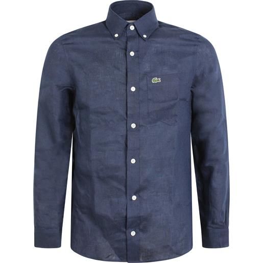 LACOSTE camicia blu in lino con mini logo per uomo