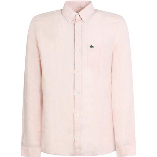LACOSTE camicia rosa in lino con mini logo per uomo