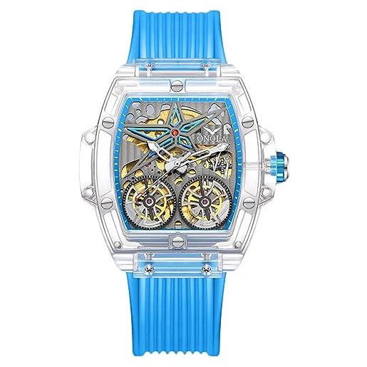 RORIOS orologio uomo trasparente meccanico orologi da polso sportivo tonneau orologio hollow creativo orologio fantastico silicone cinturino orologio bianco blu b