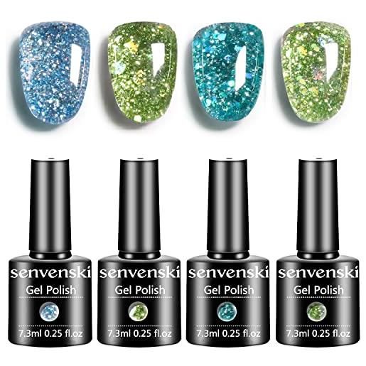 Senvenski glitter smalto semipermanente per unghie kit, verde blu sparkly smalto gel, diamante shiny glitter uv gel for nail art, trasparente glitter gift set (cs021)