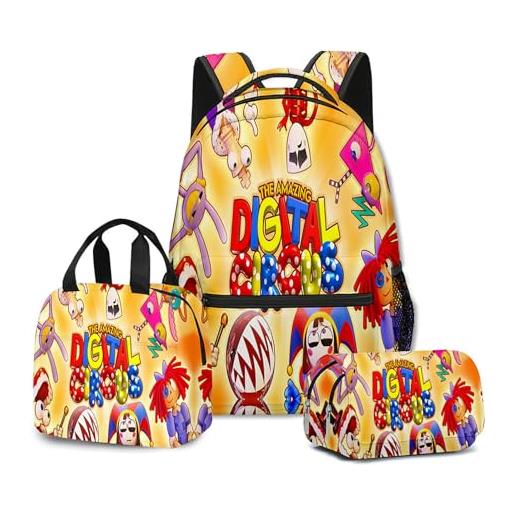 NEWOK anime stampato pomni e jax bambini zaini set, scuola zaino lunch bag pen bag school bags set. (color31, schoolbag)