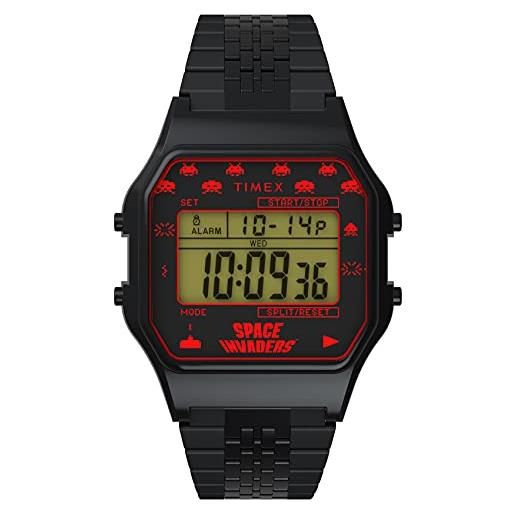 Timex t80 x space invaders 34mm quartz stainless steel strap, black, 18 casual watch (model: tw2v30200yb)