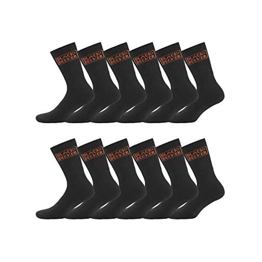 BLACK+DECKER calze lavoro uomo resistente, calzini uomo lunghi, traspirante e resistenti (set di 12), nero, taglie 39/42