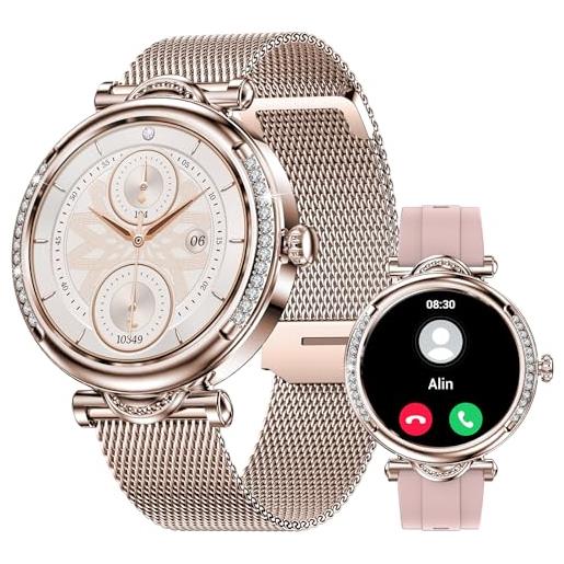 HONZIN smartwatch donna rotondo, 1,27'' orologio intelligente bluetooth, 100+ modalità sportive con pressione sanguigna/frequenza cardiaca/monitor del sonno (oro rosa)