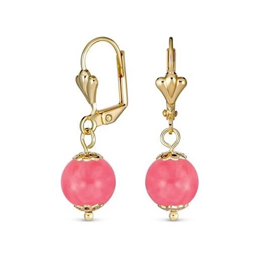 Bling Jewelry classico elegante semplice orecchini a goccia con lever back in quarzo rosa rotondo per donne in ottone placcato oro giallo 18k lucidato 8mm