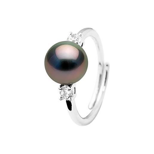 PEARLS & COLORS NATURAL FINE PEARLS pearls & colors - anello di gioielleria - vera perla coltivata di tahiti rotonda 8-9 mm - qualità a+ - misura regolabile - argento 925 e zirconi - gioielli donna