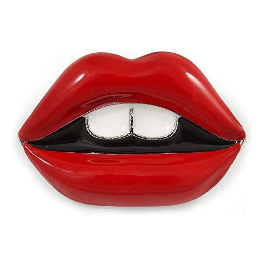 Avalaya - spilla a forma di labbra smaltate rosse, in metallo argentato, 37 mm di diametro