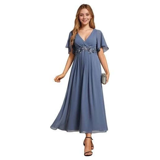 Ever-Pretty vestito donna elegante abito cerimonia donna con applique e collo v midi maniche a volant chiffon stile impero teal 44