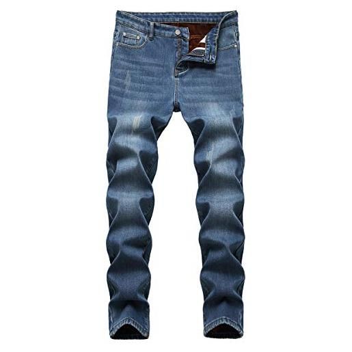 YOUTHUP jeans da uomo foderati in pile, pantaloni invernali in denim con gamba dritta lavati casual, blu scuro, w30