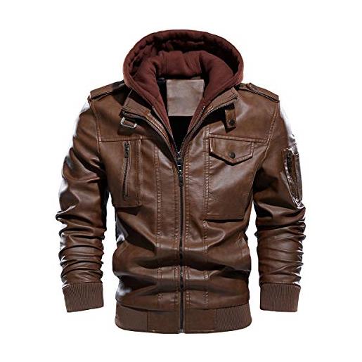 Allthemen giacca in pelle da uomo caldo invernale pu con cappuccio spesso jacket da motociclista casual fodera in pile giacca a vento grigio s
