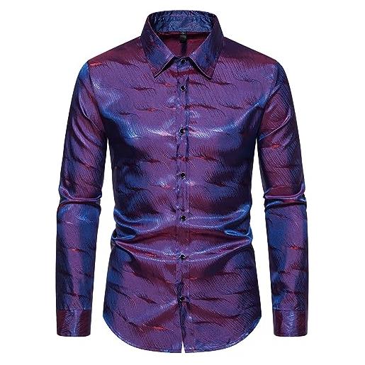 Allthemen camicia casual da uomo lucida a maniche lunghe camicie slim fit con stampa floreale shirt elegante viola s