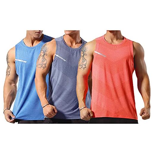 Allthemen canotta da uomo da 3 pezzi canotta sportiva estiva canotta maglietta muscolare ad asciugatura rapida canotte senza maniche blu + blu grigio + arancione m