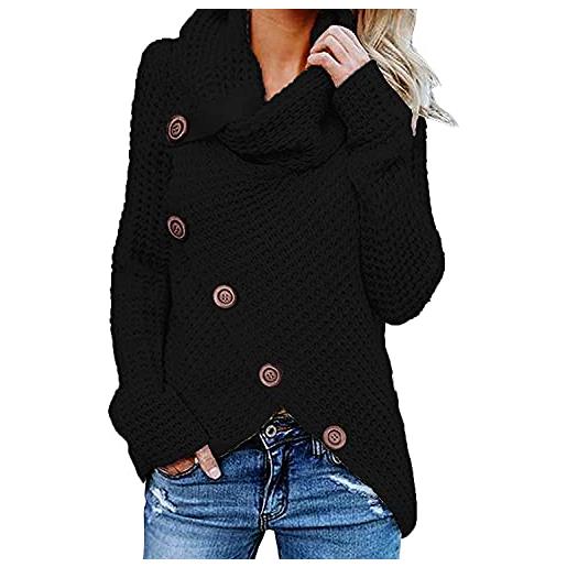 Eogrokerr - maglione dolcevita da donna con orlo asimmetrico, a portafoglio, ampio, a maglia grossa, con bottoni, a nero, l