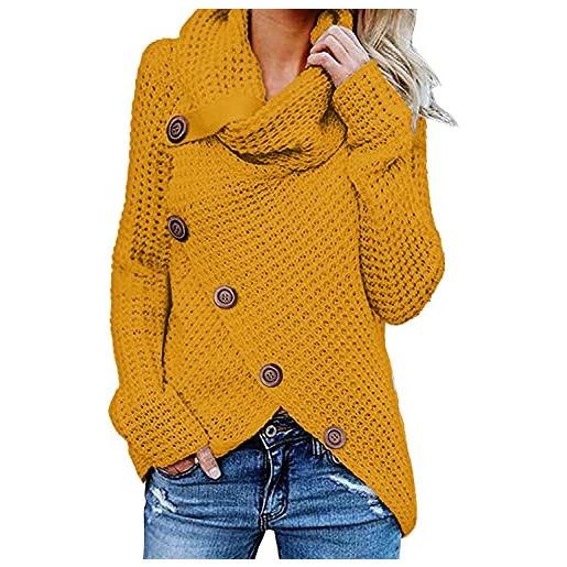 Eogrokerr - maglione dolcevita da donna con orlo asimmetrico, a portafoglio, ampio, a maglia grossa, con bottoni, giallo, xl