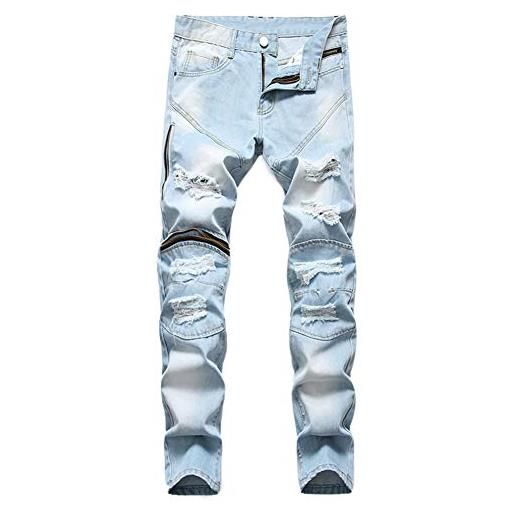 Allthemen jeans casual strappati da uomo slim fit pantaloni con zip e multitasche pants 922# blu 33w