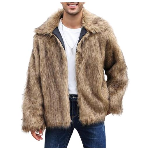 Alaurbeauty cappotto lungo da uomo in pelliccia artificiale, giacca invernale da uomo, parka pelliccia sintetica, cappotto lungo invernale giacca finta pelliccia, cachi, xl