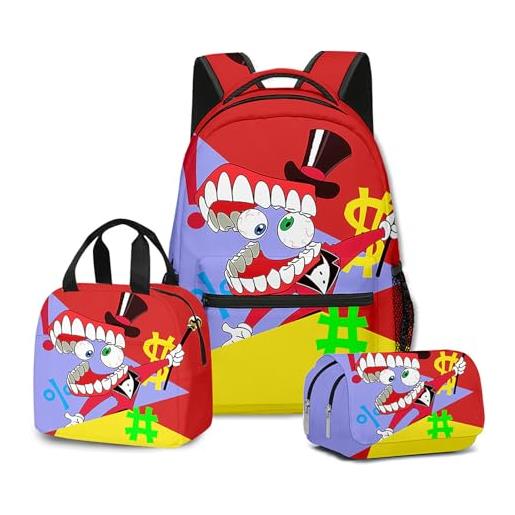 NEWOK anime stampato pomni e jax bambini zaini set, scuola zaino lunch bag pen bag school bags set. (color7, schoolbag)