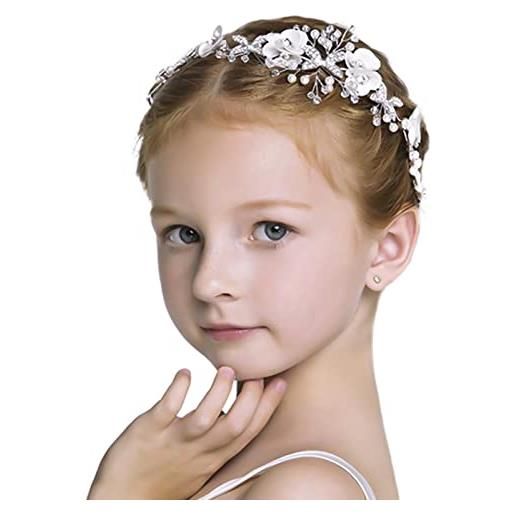 AWAVM coroncina comunione bambina, fascia per capelli da comunione con fiore bianco coroncina da principessa in cristallo accessori per capelli con perle di strass ragazze e bambina
