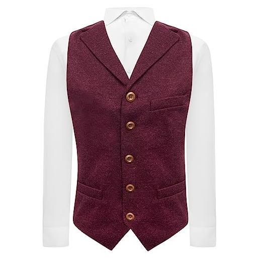 King & Priory gilet in tweed bordeaux donegal con risvolto, borgogna, xl