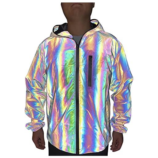 NewL giacca da uomo con cappuccio riflettente arcobaleno giacca a vento moda running pocket jacket, grigio, xl
