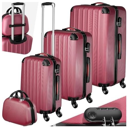 TecTake® set valigie pucci, set di valigie con rotelle girevoli a 360°, beauty case incluso, trolley da viaggio, serratura di sicurezza, adatto per tutti i tipi di viaggi - rosso vino