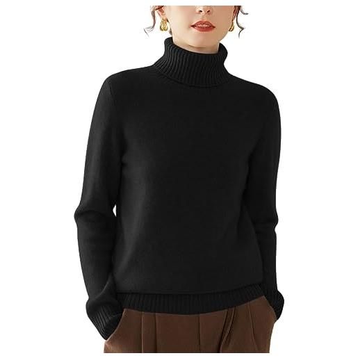 E-girl maglione da donna 95% cashmere a collo alto, a maniche lunghe, in lana di cashmere, tinta unita, rilassato, sh350, nero , 48