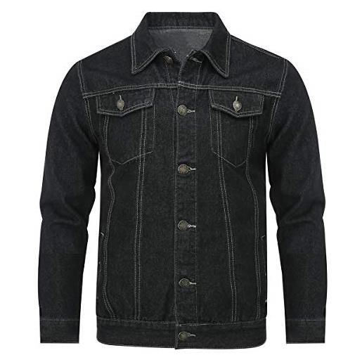 Allthemen giacca da uomo in denim in tinta unita reversibile jacket casual di cotone a manica lunga con bottoni 801 nero m