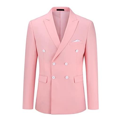 YOUTHUP blazer da uomo doppio petto slim fit formale con risvolto giacca da abito da sposa da ufficio rosa, l