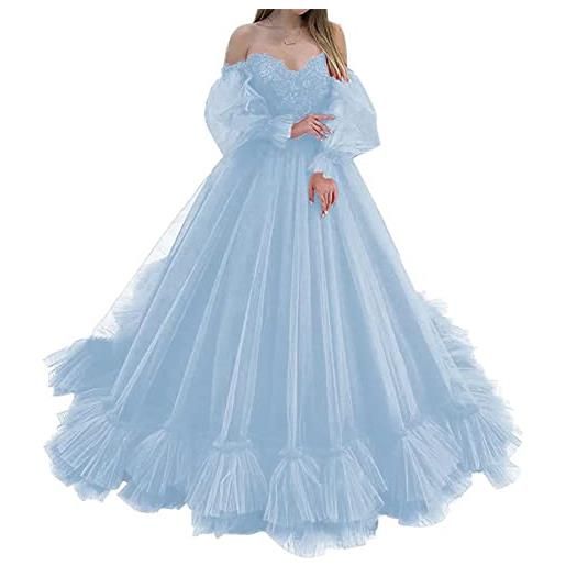KURFACE fuori dagli abiti da ballo della spalla per le donne dei ragazzi appliques del merletto del vestito da cerimonia nuziale di quinceanera, azzurro, 44