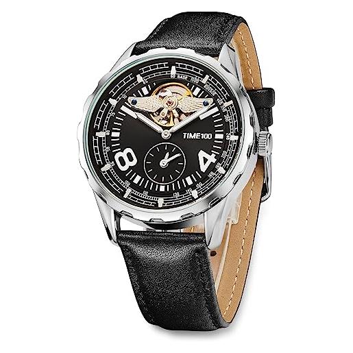 TIME100 orologio automatico meccanico multifunzionale serie pilota orologio da volano aziendale con ala d'angelo impermeabile(colore nero)