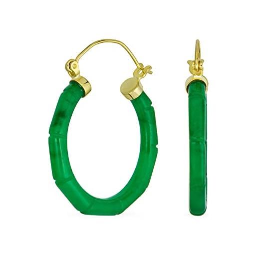 Bling Jewelry orecchini a cerchio di giada di bambù rotondo verde della gemma genuina della giada per le donne placcate oro 14k. 925 argento sterlina 1.2 pollici di diametro