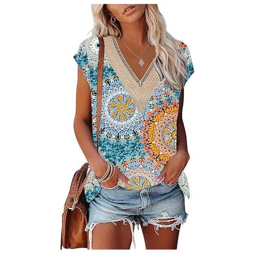 PLOKNRD donna scollo a v t-shirt estate maniche corte casual top pizzo scollatura elegante top classico fiori blu marino xxl