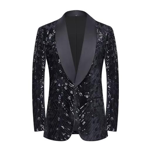 CARFFIV men's paillettes velluto stage party prom wedding dinner symmetry suit jacket blazer, black, s