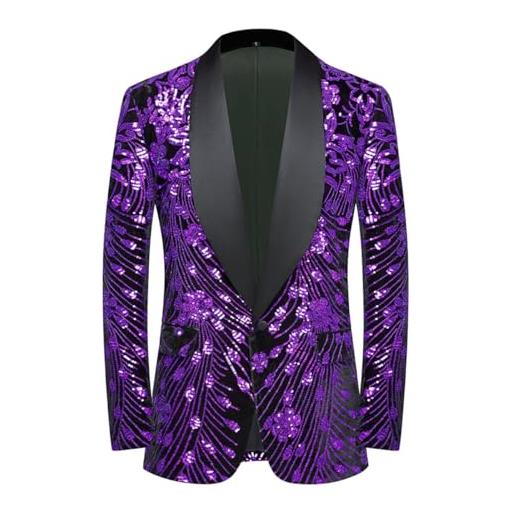 CARFFIV men's paillettes velluto stage party prom wedding dinner symmetry suit jacket blazer, purple, xl