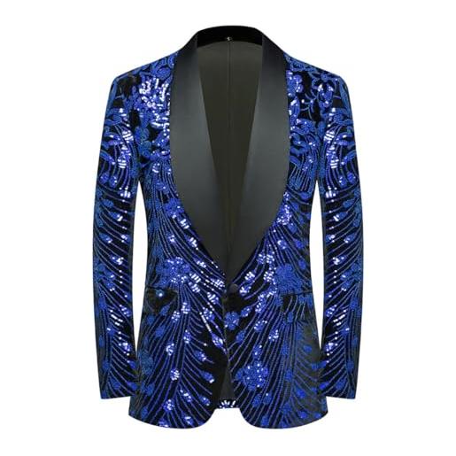 CARFFIV men's paillettes velluto stage party prom wedding dinner symmetry suit jacket blazer, royal blue, xl