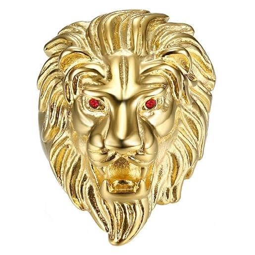 Bobijoo jewelry - anello testa di leone uomo occhi finto rubino rosso acciaio inossidabile placcato oro