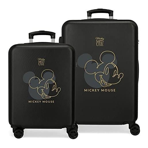 Disney mickey outline set di valigie nero 55/65 cm rigida abs chiusura a combinazione laterale 91l 6 kg 4 ruote doppie, nero, set di valigie
