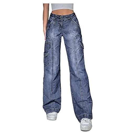 Madger jeans da donna a vita bassa, modello cargo, taglio della gamba dritto e ampio, pantalone largo in denim, stile y2k, indie, aesthetic, vintage, e-girl, streetwear, r-blu, xl