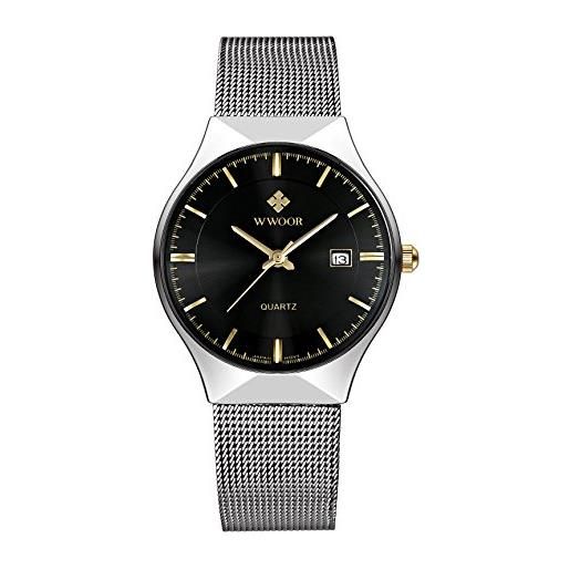 WWOOR gokelly - orologio da uomo al quarzo orologi da donna in acciaio inox data orologio al quarzo da uomo business orologio (nero)