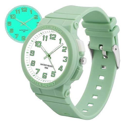 Juboos orologi per bambini, orologio analogico al quarzo per bambini per ragazzi e ragazze, orologi impermeabili per insegnare il tempo, cinturino morbido per orologi da polso per bambini (verde)