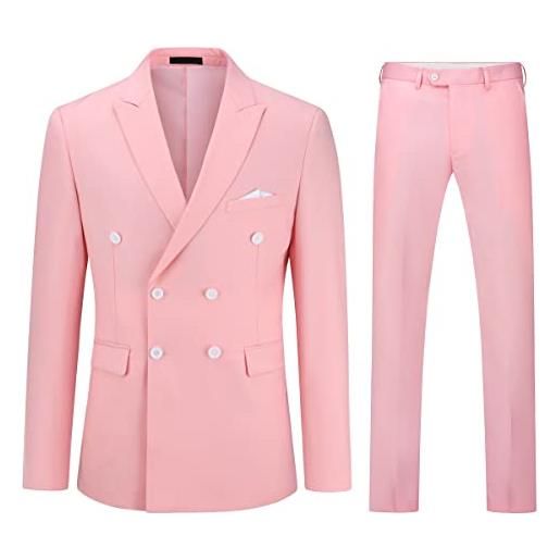 YOUTHUP abito da uomo 2 pezzi completo doppio petto formale slim fit tuta peak lapel giacca e pantaloni rosa, l