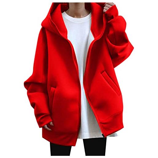 Generisch maglione da donna norvegese, tinta unita, a maniche lunghe, senza regolare, con stampa larga, con cappuccio, colore: rosso, xl